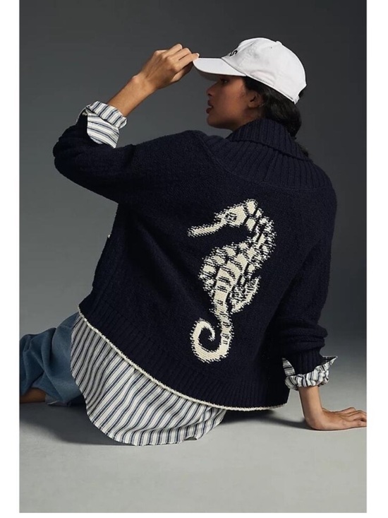 Anthropologie Sweaters - Anthropologie Maeve Seahorse Cardigan Sweater Navy Size Large Petite